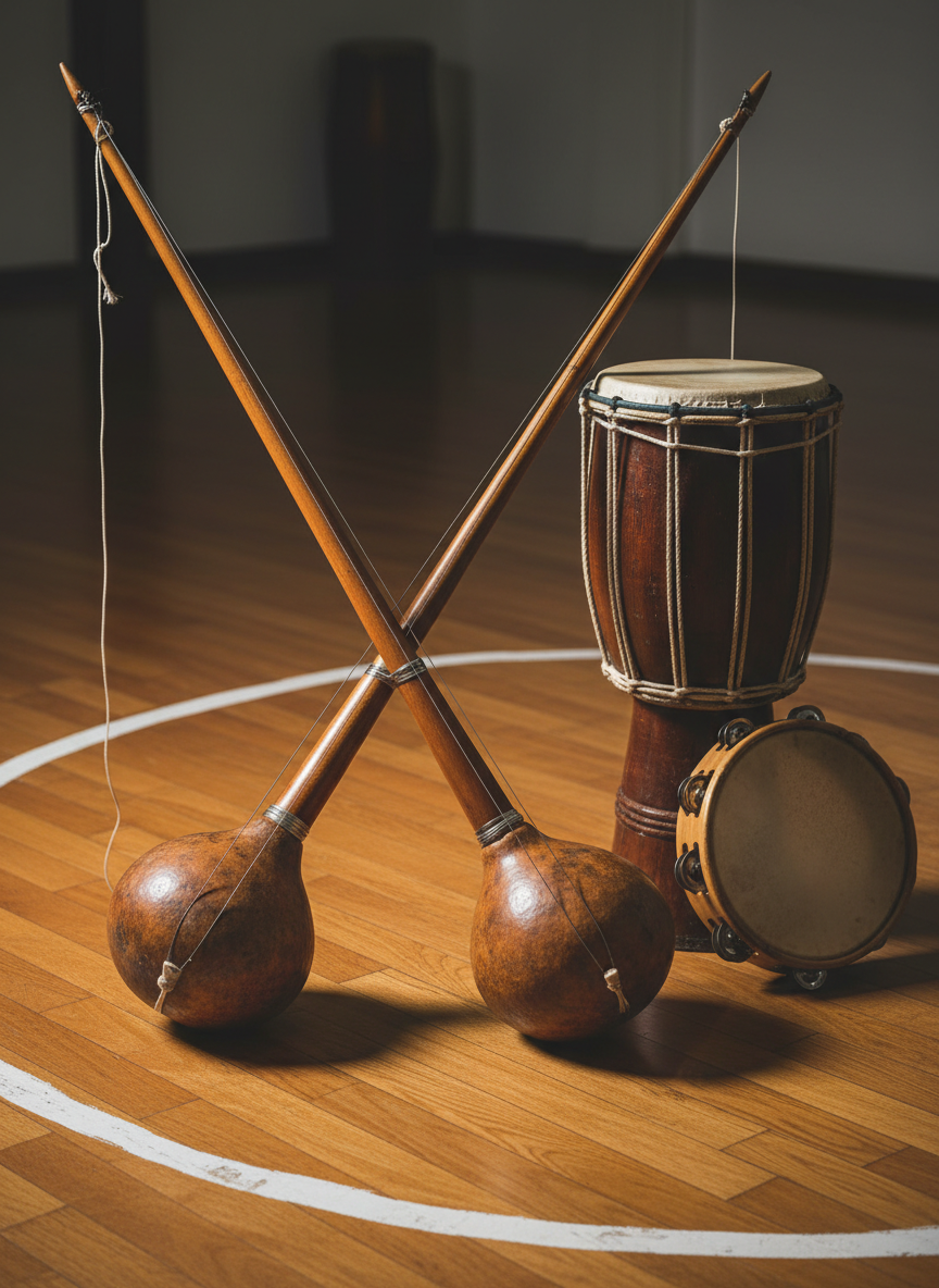 A photographic close-up of two traditional berimbaus crossed neatly on a smooth wooden floor, with a polished beriba wood bow, taut steel wire, and a warm-toned cabaça gourd resonator perfectly detailed. Beside them lie a handcrafted atabaque and a worn pandeiro, their textures and natural imperfections visible in the sharp focus. The instruments are positioned inside a marked circular training area, subtly indicating a capoeira roda space. Soft, directional studio-style lighting from the left creates dynamic shadows and highlights the grain of the wood and leather. Captured from a slightly elevated angle, the mood is respectful and professional, emphasizing the cultural and musical heart of capoeira classes in Porto and Matosinhos.