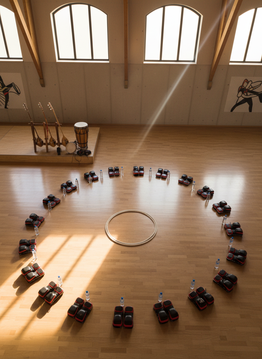 An overhead photographic view of a circular capoeira training layout on a polished gym floor in Porto, carefully arranged to suggest an active roda without any people present. In the center lies a single white cordão forming a perfect circle. Around it, evenly spaced pairs of neatly placed training pads and water bottles indicate where children, teenagers, and adults would stand. To one side, a row of berimbaus and a tall atabaque stand ready on a low platform, their shadows stretching subtly in the warm late-afternoon light filtering through high windows. The mood is energetic yet orderly, with a clean, modern aesthetic emphasizing structured group classes and professional instruction.